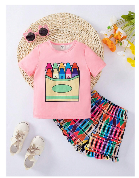Vibrant Summer Vibes: Colorful Pen Print 2-Piece Set for Young Girls!