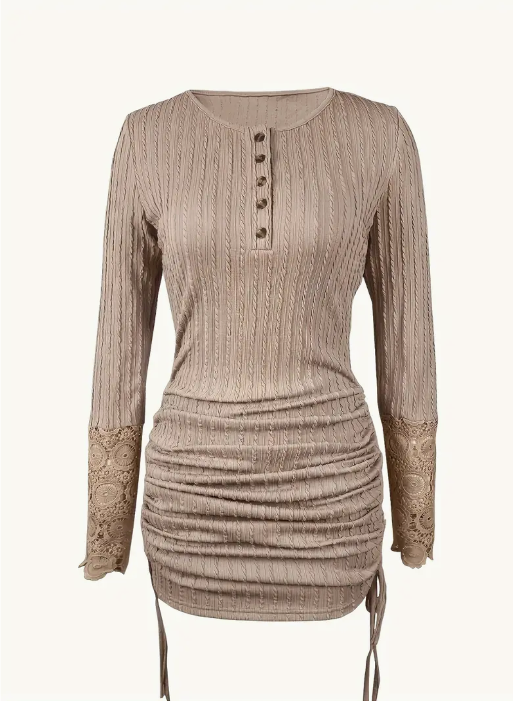 Lace Elegance: Contrast Lace Ruched Dress - Unleash Your Sophistication with the Elegant Drawstring Button Front!