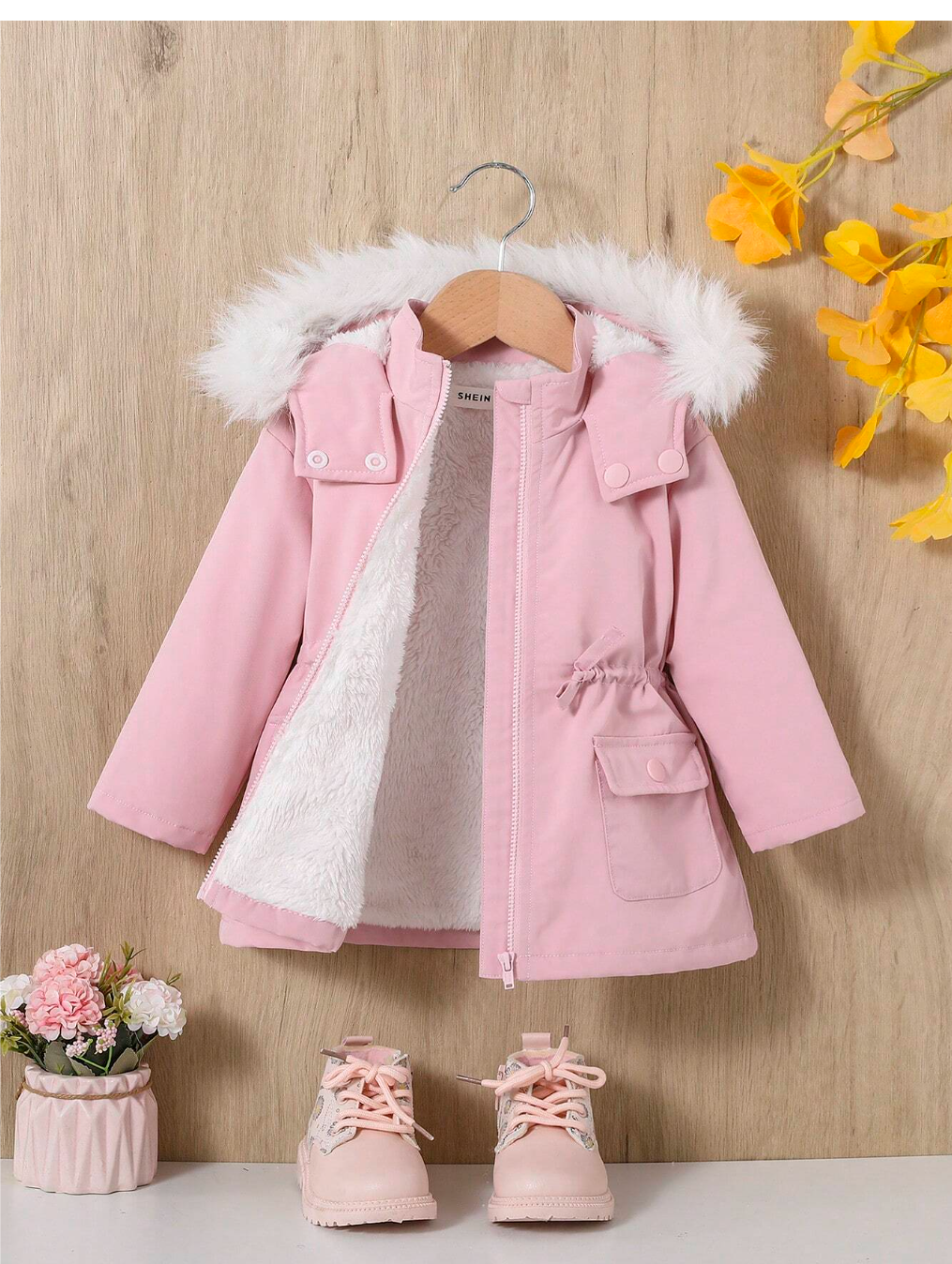 Cuddly Chic: Baby Girl's Flap Pocket Fuzzy Trim Hooded Thermal Lined Coat for Snuggly Style!