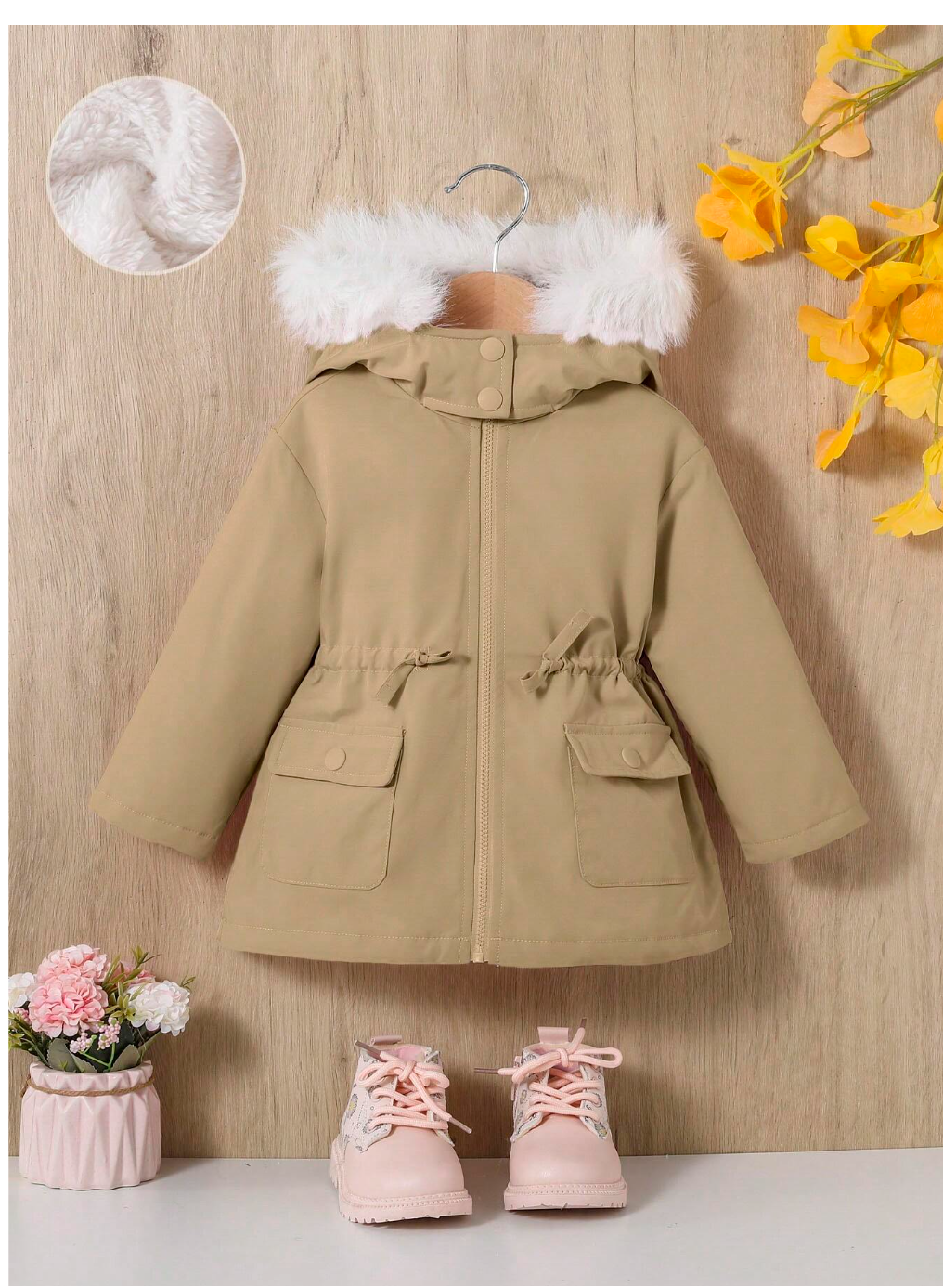 Cuddly Chic: Baby Girl's Flap Pocket Fuzzy Trim Hooded Thermal Lined Coat for Snuggly Style!
