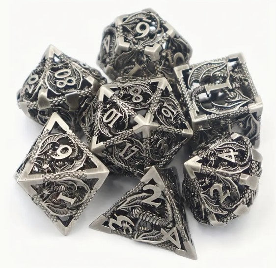"Dragon's Trove: Hollow Polyhedron Metal Dice Set for Dungeons and Dragons, RPGs, MTG, and More - Unleash Adventure and Learning!"