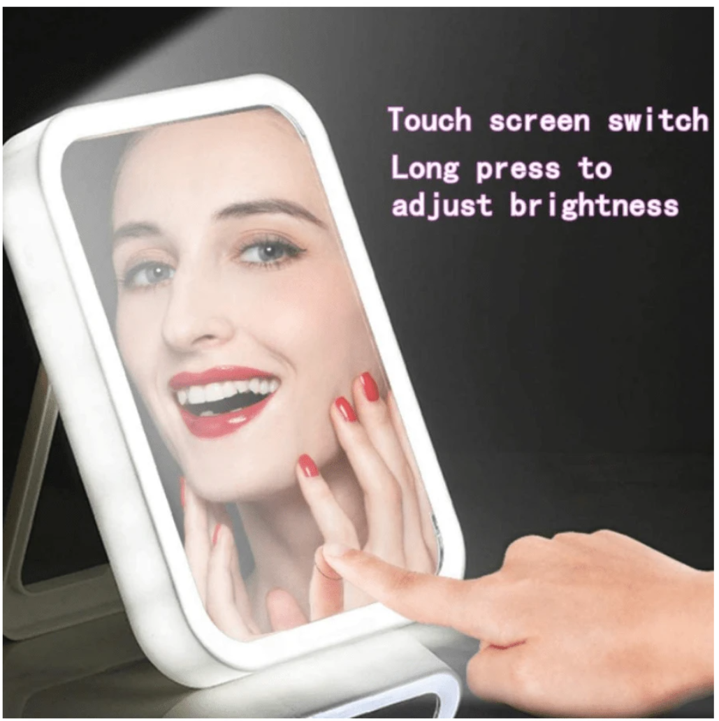 LuxeGlow Beauty Hub: LED Makeup Mirror with Touch Screen, Portable Standing, and 3 Light Modes – Your Rechargeable Vanity Companion for Stylish Spaces!