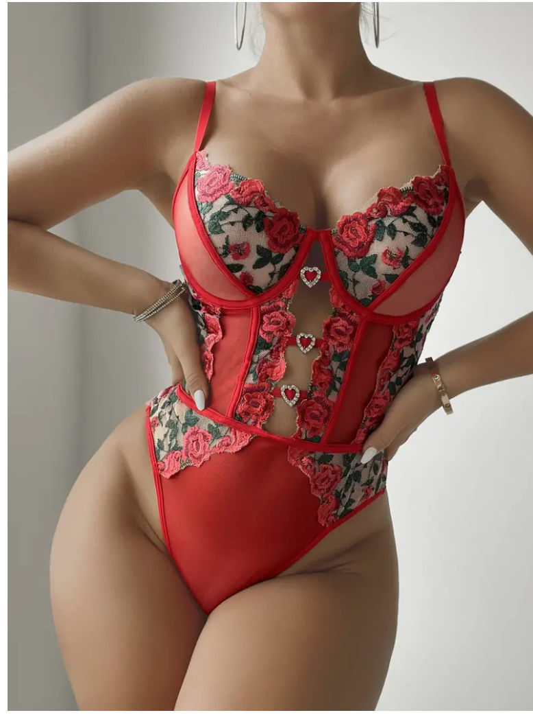 Blossom in Sensuality: Floral Embroidery Slip Teddy, Cut Out Deep V Backless Thong Bodysuit – Unveil Your Allure!