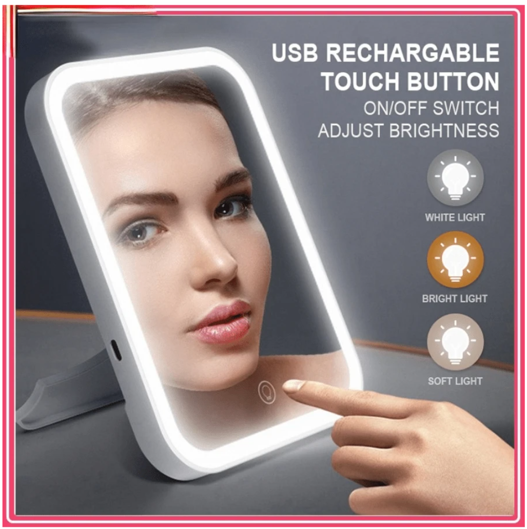 LuxeGlow Beauty Hub: LED Makeup Mirror with Touch Screen, Portable Standing, and 3 Light Modes – Your Rechargeable Vanity Companion for Stylish Spaces!