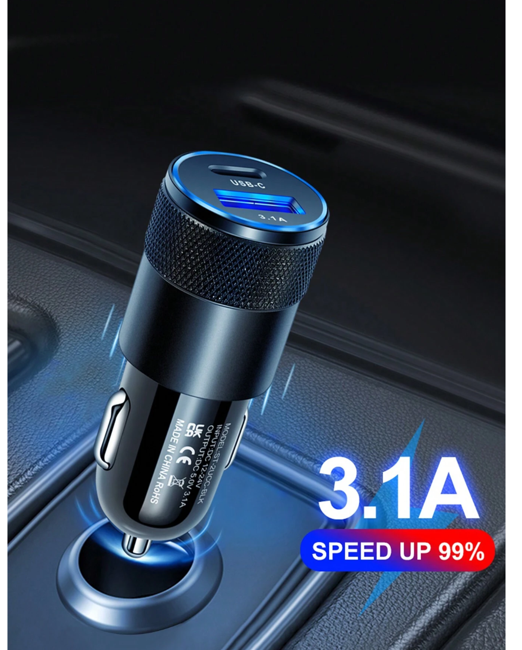 Sleek Speedster: 1pc Black 3.1A USB+PD Metal Car Charger – Aluminum Alloy, 15W PD USB Lighter Adapter, 3.0 Fast Charging for iPhone 13/12/11 Pro Max, Xiaomi, Samsung – Power and Style on the Go!