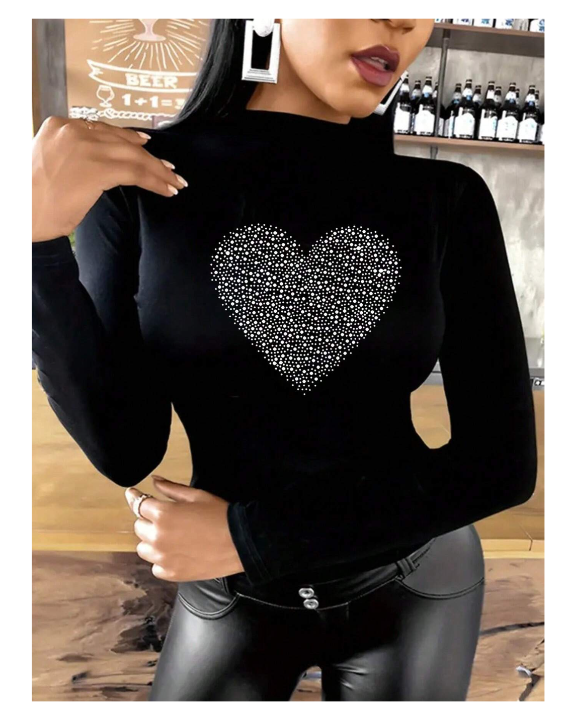 Heart Slayr: Unleashing Style with the Stand Collar Long Sleeve T-Shirt Adorned in Heart Shapes!