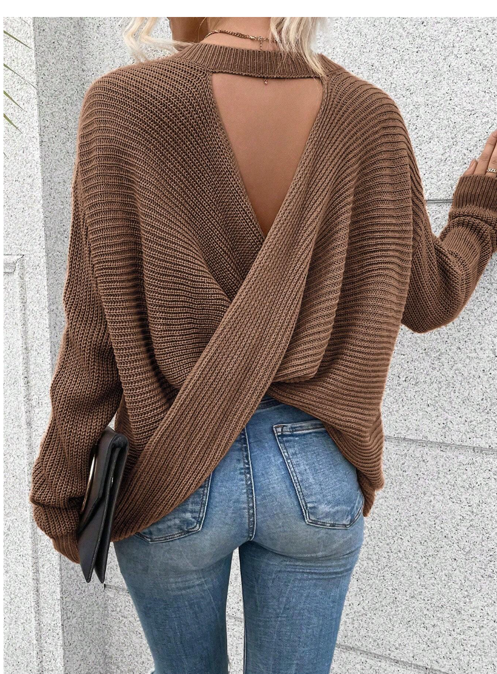 Glamour Unveiled: Essnce Cross Wrap & Hollow Out Back Design Long Sleeve Sweater!