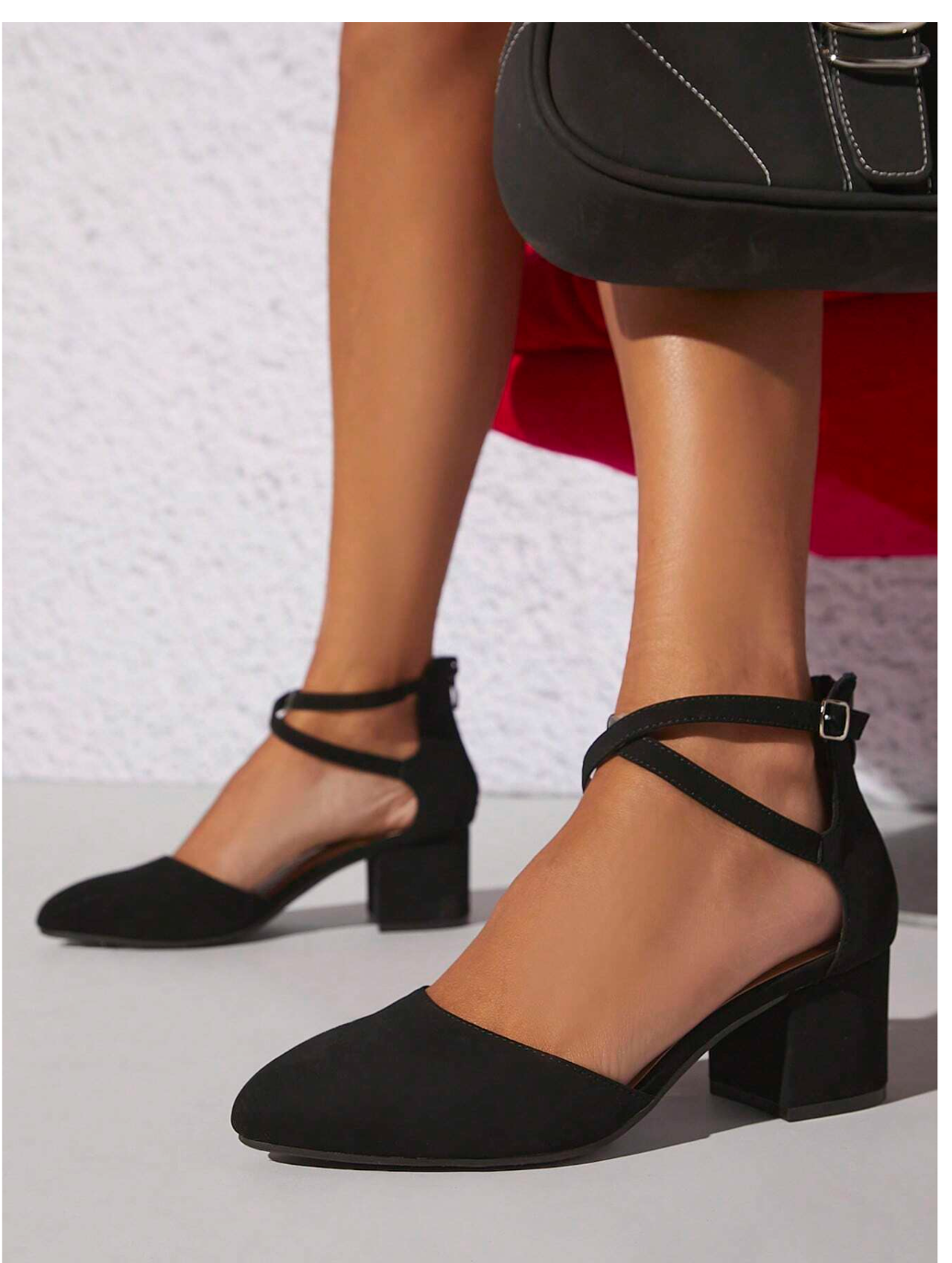 Effortlessly Chic: Minimalist Point Toe Chunky Heeled Ankle Strap Pumps.