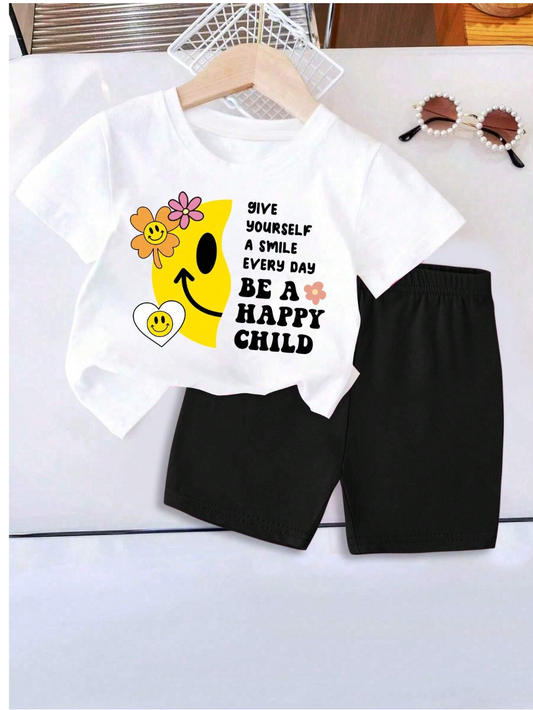 Sweet Smiles: Baby Girl's Slogan Pattern Short Sleeve T-Shirt and Shorts Set for Sunny Seasons!