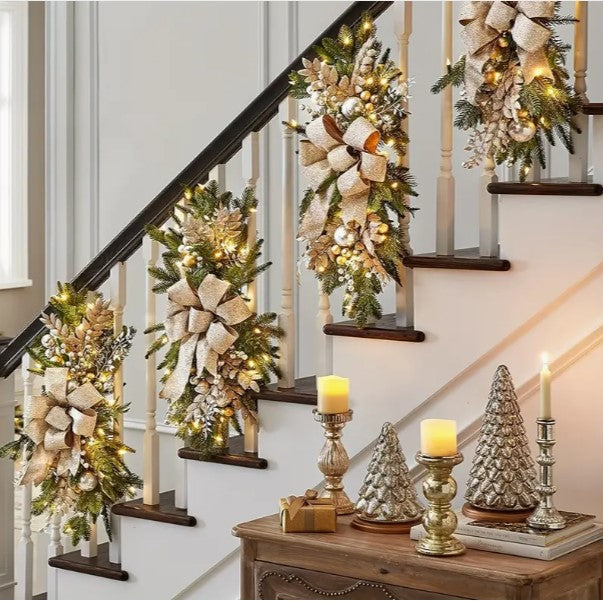 Twinkling Festivity: 1pc Cordless Christmas Stairway Swag with String Lights - Perfect Holiday Garland Trim for Stairs, Doors, and Indoor/Outdoor Décor!