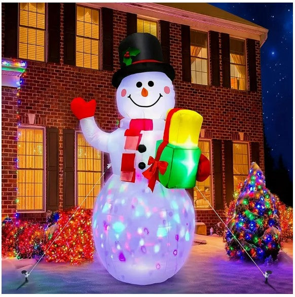 "Radiant Rotating Snowman: Outdoor Christmas Inflatable Yard Decor with LED Lights - Festive Blow-Up Decoration for Your Garden!"