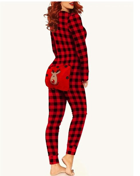 "Reindeer Coziness: Women's Long Sleeve V-Neck Plaid Pajama Jumpsuit with Christmas Elk Print"