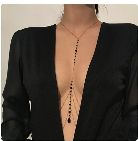 "Midnight Tempest: Trendsetting Black Bead Chest Chain - Punk Metal Tassel Body Jewelry for Street Style Fashion Statement"