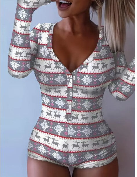 "Winter Wonderland Chic: Women's Casual Long Sleeve Button Front Allover Print Romper Jumpsuit, Perfect for the Season"