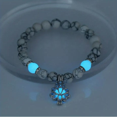 Glowing Lotus Marbling Stone Bracelet: Luminous Beads with Hollow Pendant for an Elegant, Stretchable Style!