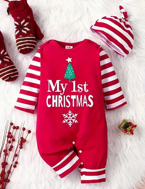 My First Christmas Striped Romper Climbing Suit + Hat - Trending European & American Baby Girl's Clothing Set!"