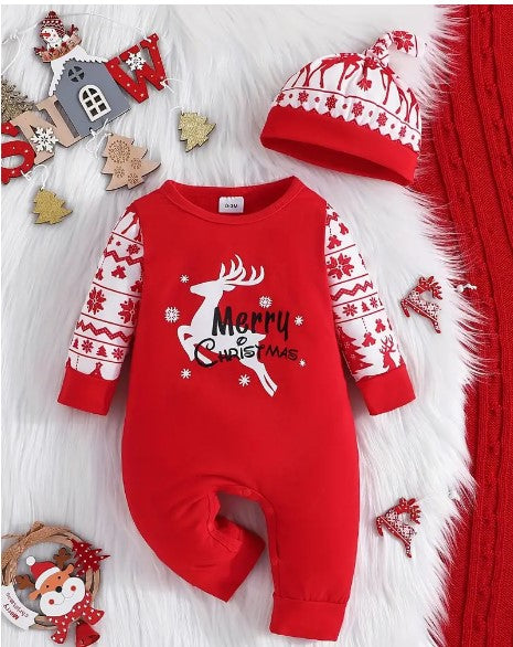 Reindeer-Lettered Toddler Jumpsuit & Hat Set - Christmas Cuties for Kid's Party Casuals!"