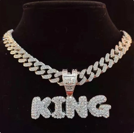 Regal Bling Royalty: KING QUEEN Letter Pendant Necklace on Miami Cuban Chain, Iced Out HipHop Necklaces for Men and Women, Fashion Jewelry