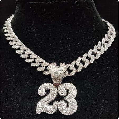 Show-Stopping Bling: Hip Hop Number 23 Crystal Pendant Necklace on Cuban Chain for Men and Women, Fashion Charm Jewelry