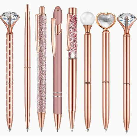 Radiant Elegance: 8pcs Rose Golden Ballpoint Pen Set with Liquid Sand Glitter, Metal Crystal Diamond Pens - Girly Black Ink, Perfect Gifts for Weddings, Office Desks, and Elegant Stationery!