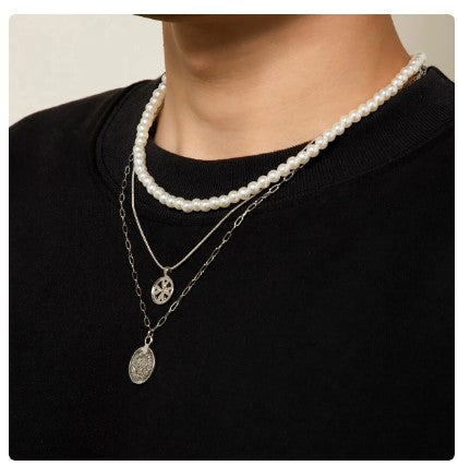 "Gothic Revival: Men's Vintage Imitation-Pearl Coin Pendant Choker - Punk Snake Chain Grunge Steampunk Fashion Jewelry Statement"