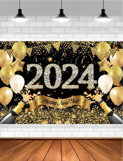 2024: Gleaming Black & Gold Polyester Backdrop for Unforgettable New Year's Bash