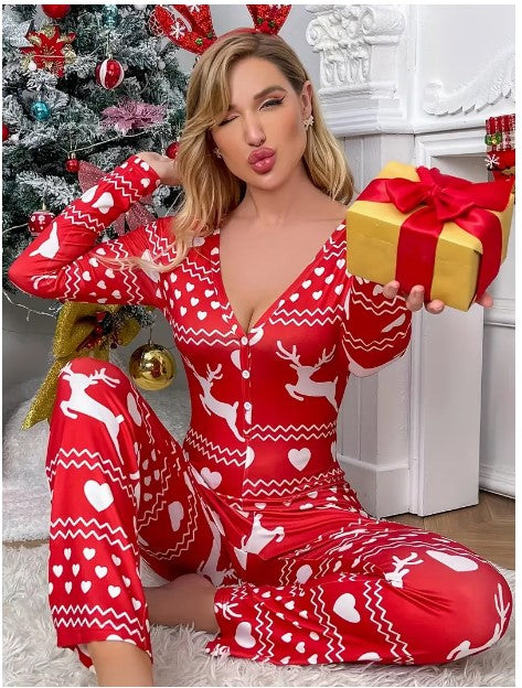 "Reindeer Serenity: Women's Christmas Deer Print Pajama Set - V Neck Long Sleeve Button-Up Top & Elastic Waistband Pants, Perfect Sleepwear & Loungewear"