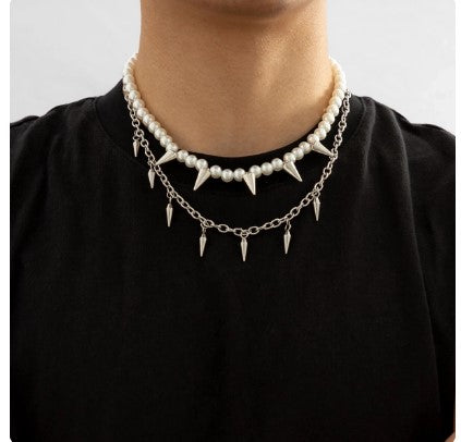 "Punk Elegance: Hiphop Layered Stainless Steel Choker Necklace Set with Pearl Beads, Spikes, and Cross Pendant - 2023