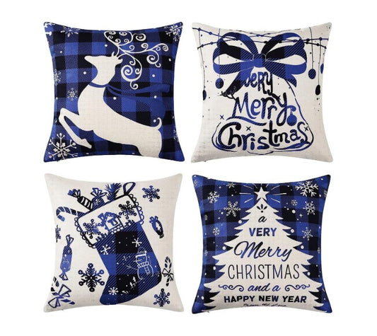 Enchant Your Space with 4pcs/set 18x18 Inches Blue Christmas Pillow Covers Festive Square Linen Sofa Cushion Covers for Magical Christmas Theme Decor