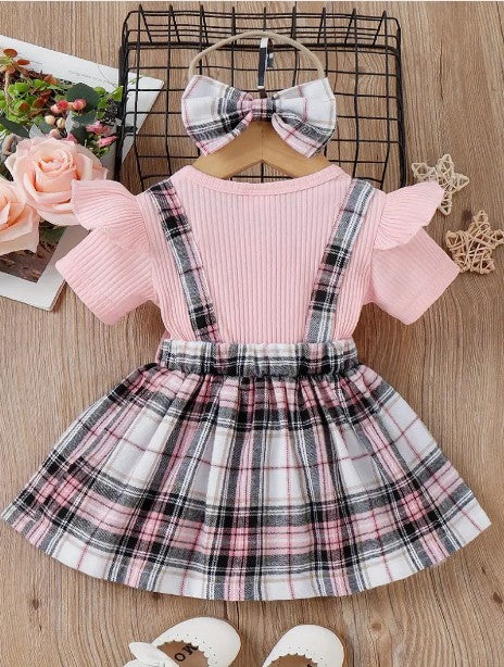 Sweet Elegance: Baby Girl's Cotton Ribbed Ruffle Trim Bow Decor Short Sleeve Spliced Plaid Dress & Headband Set – Adorable Fashion for Little Princesses!