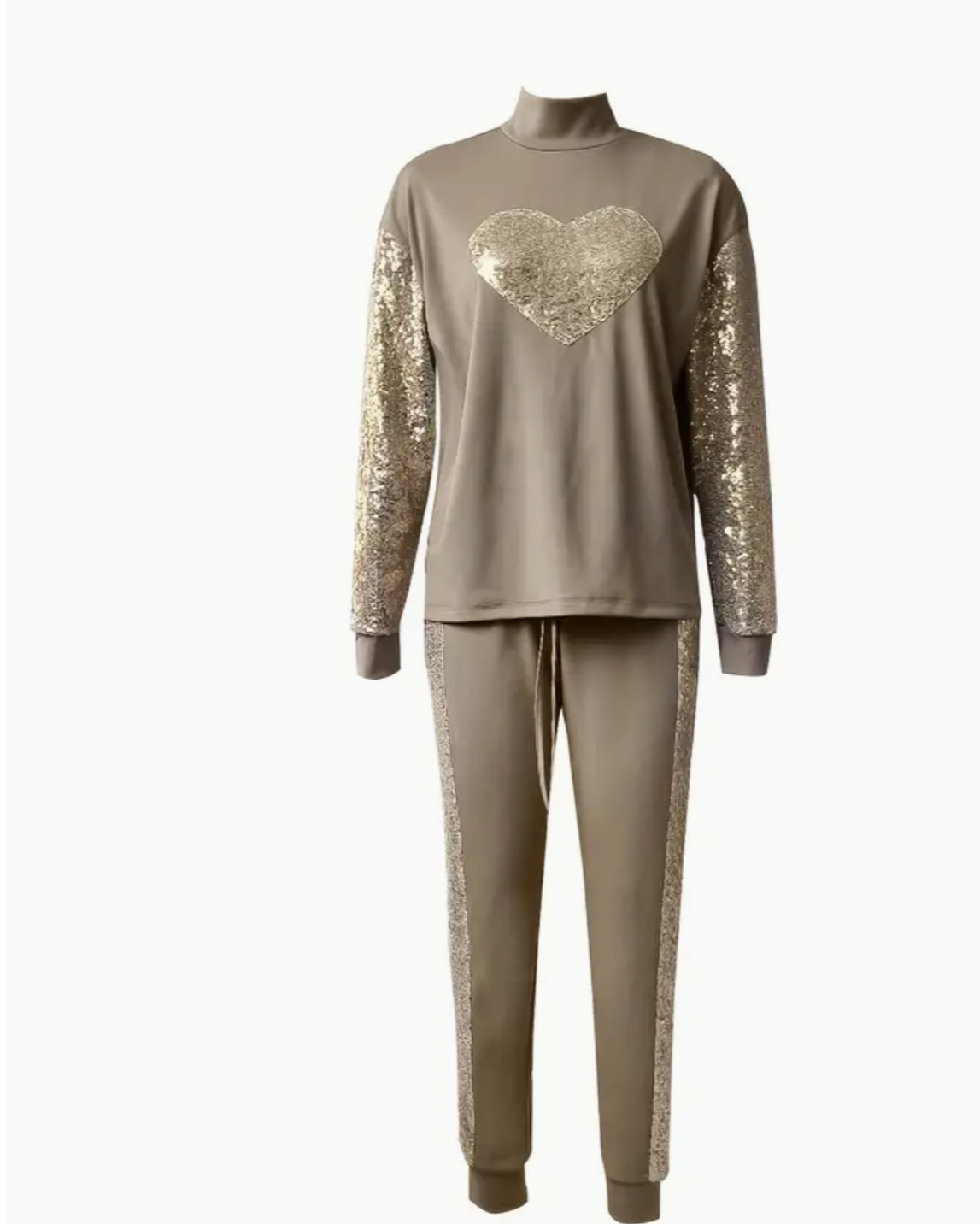 Sparkling Hearts: Casual Sequined Two-Piece Set with Mock Neck Top & Drawstring Pants - Effortless Elegance in Women's Clothing!