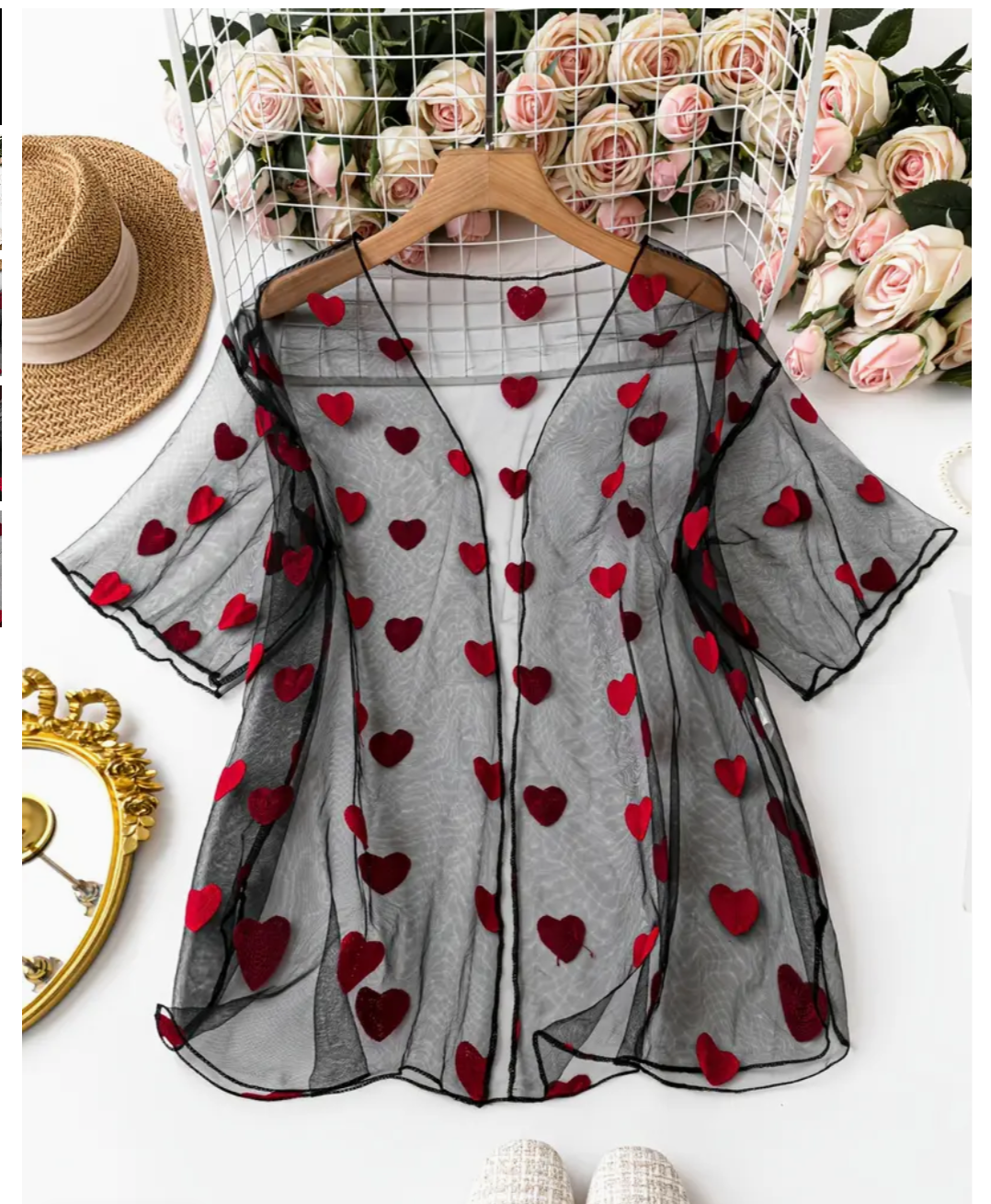 Curves and Cupid's Charm: Plus Size Cute Valentine's Day Kimono – Women's Heart Embroidered Mesh Magic for Beach Bliss!
