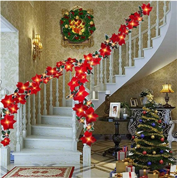 Radiant Christmas Poinsettia Garland: Lighted Artificial Garlands with Red Flowers and Battery-Operated Timer String Lights! Illuminate Your Home with Festive Xmas and New Year's Cheer