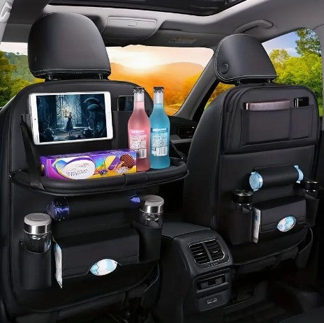 Revolutionize Your Drive: All-in-One Back Seat Organizer with Foldable Table Tray, Kick Mats, Tissue Box, Cup Holder, Umbrella Holder, Laptop Table & Car Eating Tray - Elevate Your Car Rides!