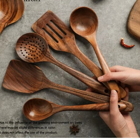 "Nature's Culinary Charm: 5-Piece Teak Wooden Utensil Set for Kitchen - Cooking Spoons, Turners, and Skimmers"