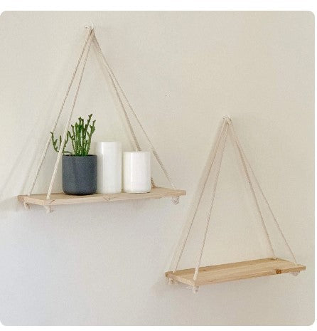 "Rustic Elegance: Wooden Rope Swing Wall Hanging Plant Flower Pot Tray & Floating Shelves for Nordic Home Decoration in Modern Minimalist Design"