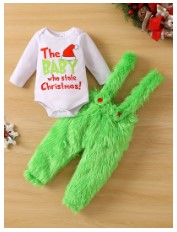 Holiday Charm: Funny Graphic Long Sleeve Romper + Green Fuzzy Suspender Pants Baby Christmas Ensemble"
