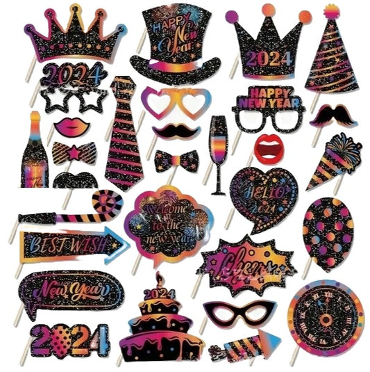 Colorful Celebrations Ahead: 30pcs 2024 New Year's Eve Ornament Set - Vibrant Photo Props for Festive Christmas, Birthdays, and Holiday Celebrations