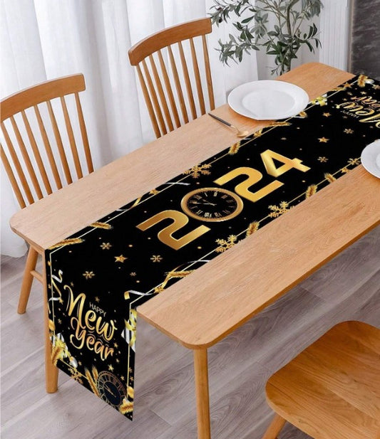 Chic Elegance: Black Gold Happy New Year Table Runner - Elevate Your 2024 Party Décor with Stylish Sophistication