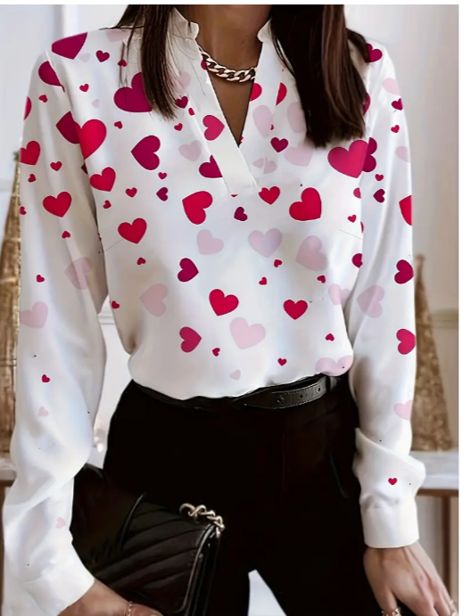 Heartfelt Elegance: Plus Size Heart Print Blouse – Casual Long Sleeve V-Neck Chic for Women's Plus Size Clothing!