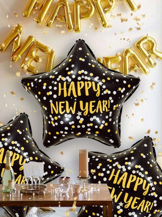 Ring in Joy: 6pcs - 18 Inches Happy New Year Printed Aluminum Foil Balloons - Add Sparkle to Your Celebration with Odorless, Auto-Seal Party Decor