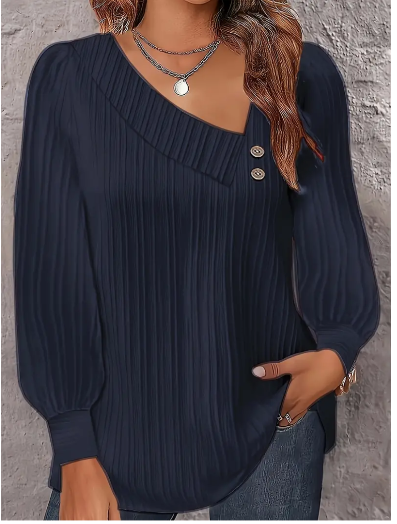 Curves and Charisma: Plus Size Casual Blouse – Women's Plus Solid Ribbed Lantern Sleeve Irregular Neck Button Decor Top!