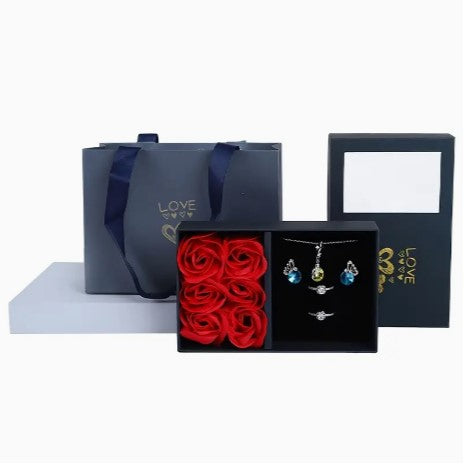 Floral Elegance: Window Heaven And Earth Cover with 6 Rose Flower Pendant Ring Bracelet - Eternal Flower Jewelry Packaging Box (Jewelry not Included)