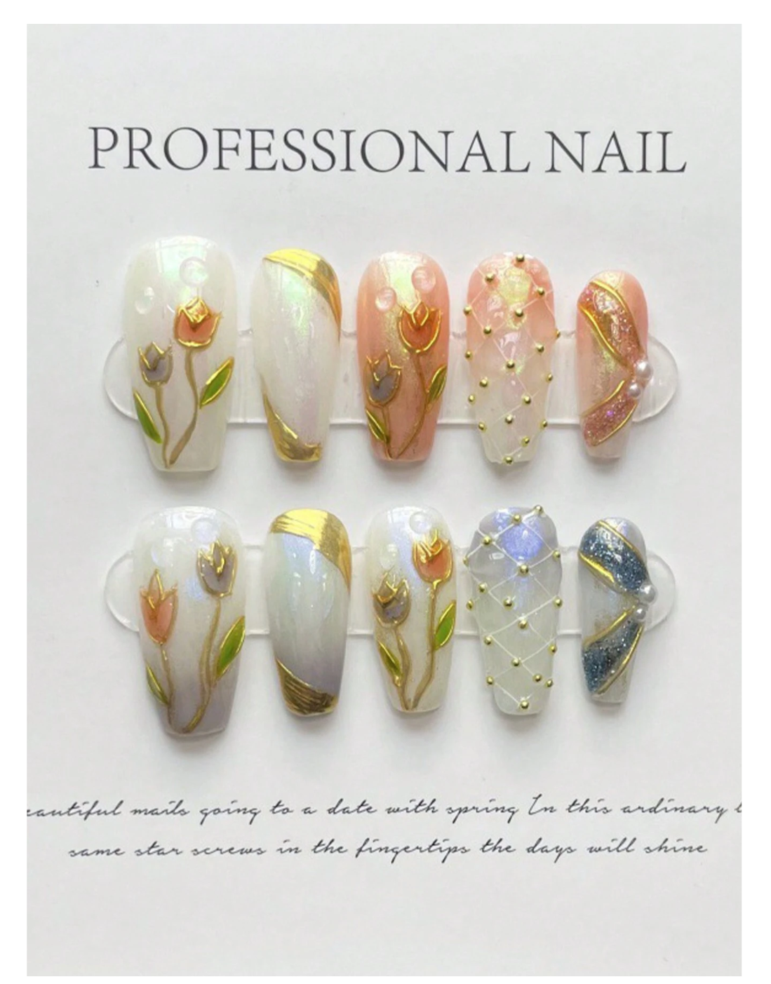 Spring Blooms: Gilded Tulip 3D Nail Artwear - Unleash Elegance with Detachable Tips!