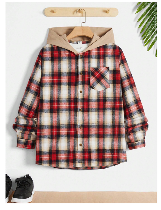Plaid Fusion: Teen Boy's Hooded Shirt with Contrast Print