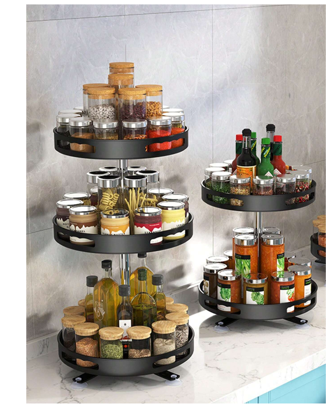 Kitchen Harmony: Double-Layer Rotating Shelf for Multi-Functional Condiment and Storage Bliss!