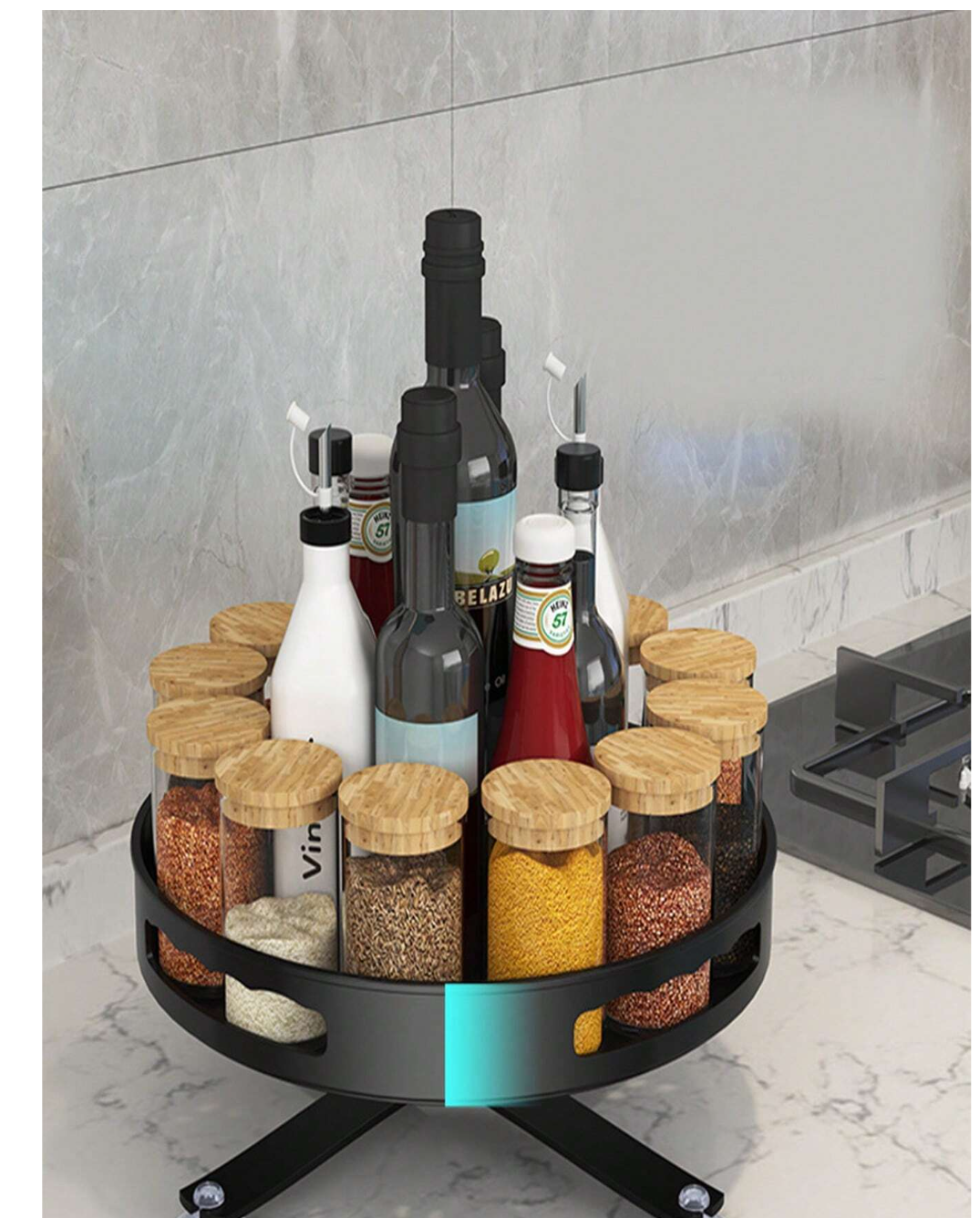 Kitchen Harmony: Double-Layer Rotating Shelf for Multi-Functional Condiment and Storage Bliss!