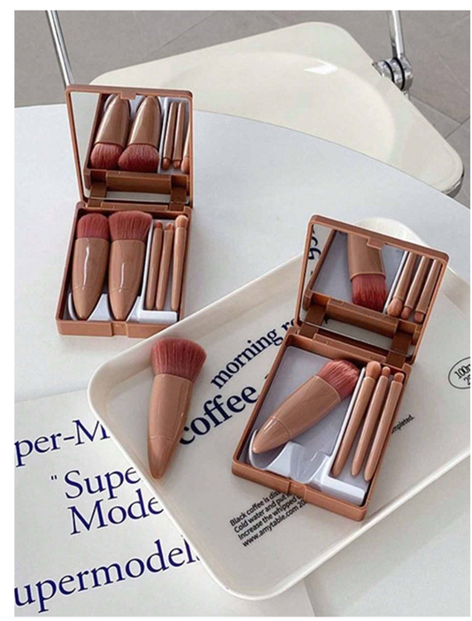 Glam on the Go: Portable 5pcs Makeup Brushes Set with Mirror - Your Mini Multifunctional Beauty Arsenal for Travel!