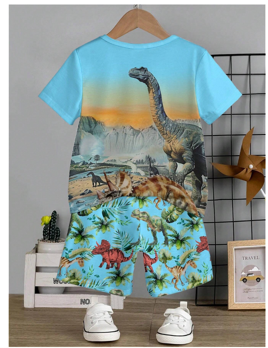 Dino Delight: Young Boys' Casual Dinosaur Pattern Short Sleeve T-Shirt & Shorts Set for Summer Fun!