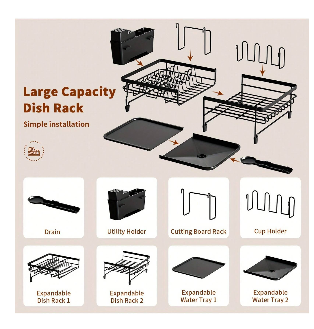 Effortless Organization: Large Dish Drying Rack with Extendable Plate Holder, Cutlery & Cup Holder - Your Kitchen Sink's Perfect Organizer!